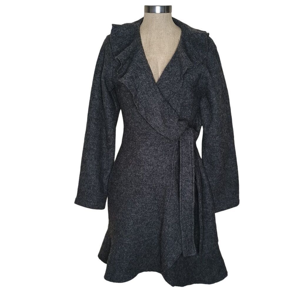 Fenn Wright Manson Womens Sweater Cardigan L Gray Wool Wrap Ruffled Lagenlook